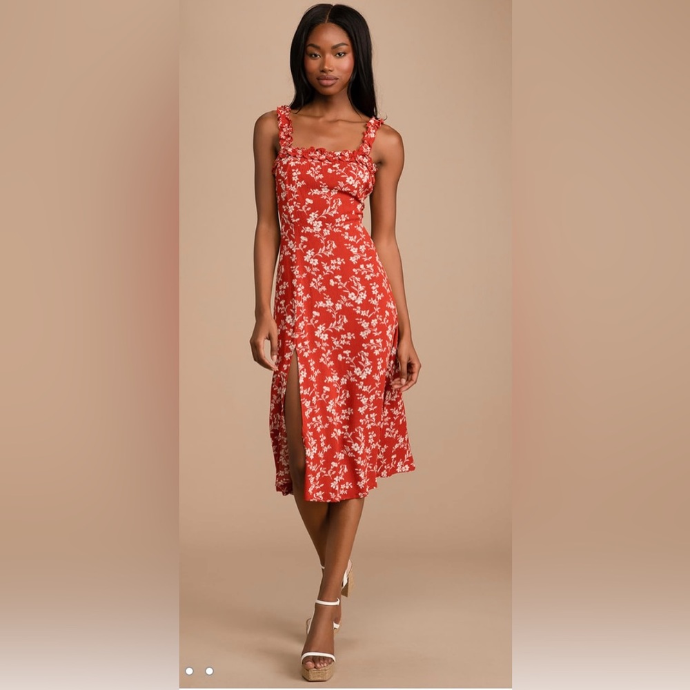 Garden Date Red Orange Floral Print Ruffle Midi Dress